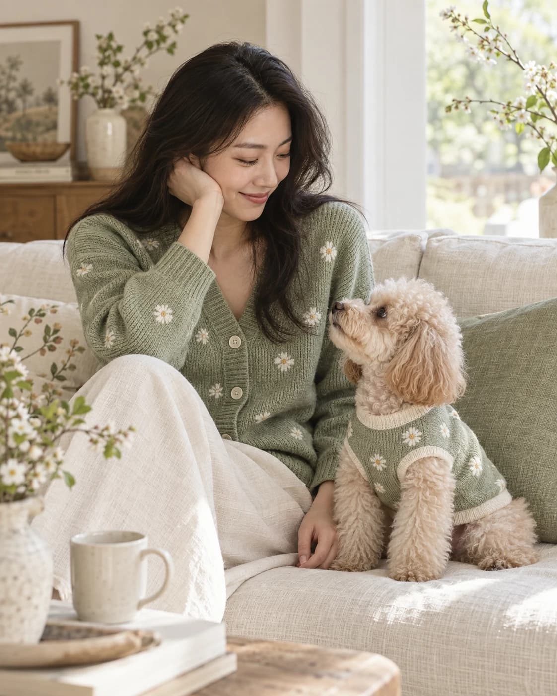 AI 示例：女士与贵宾犬穿着同款鼠尾草绿雏菊针织衫